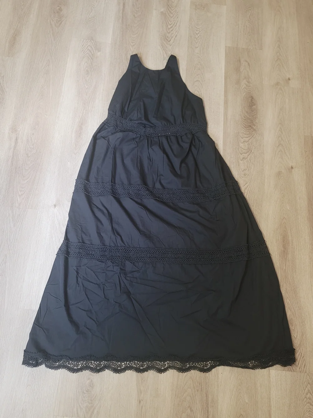 Abercrombie & Fitch Black Tiered Maxi Dress XL Pocket Crochet Cross Back Prairie